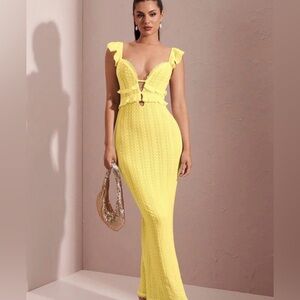 - Yellow Plunge Neck Flutter Sleeve Bodycon Maxi Dress